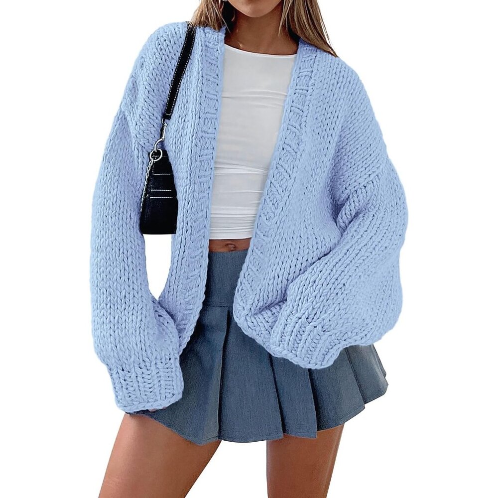 Womens Trendy Cardigan Sweaters Light Blue Long Sleeve Chunky Knit Outfits